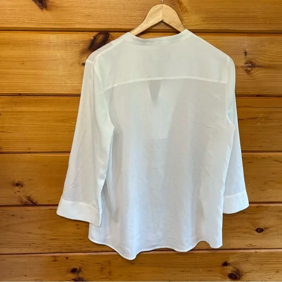 Ivanka Trump White Tie Golden Details Blouse with V Neck Mandarin Collar L - Picture 3 of 3